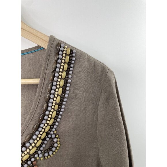 NWT Boden Taupe 100% Linen Shirt Beaded Neckline 3/4 Sleeve US Size 10 Boho - Picture 10 of 12